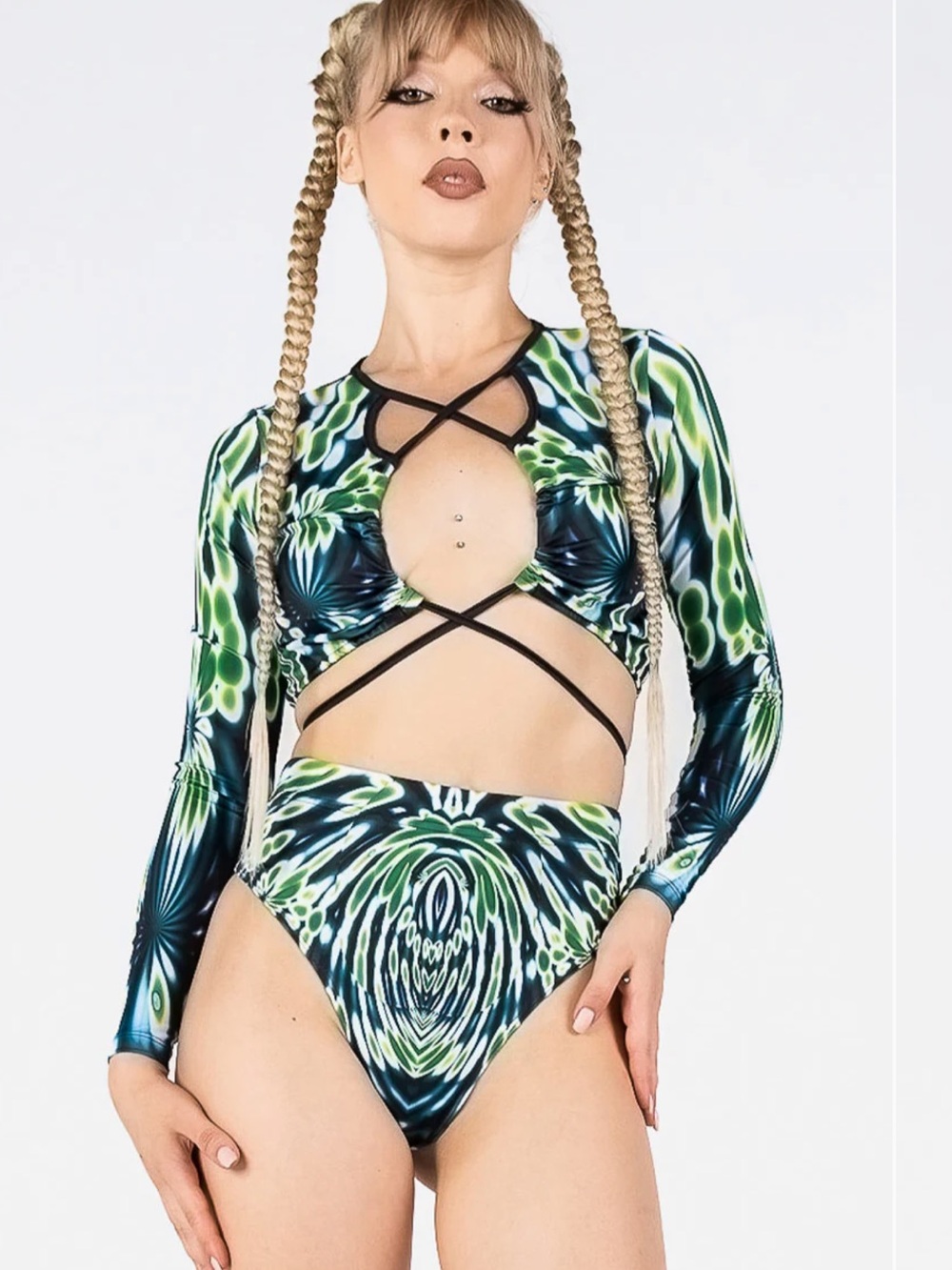 Green Patterned Cutout Long-Sleeve Bikini Top & High-Waist Bottoms Rave Set